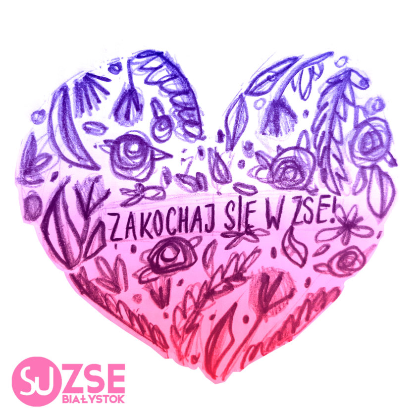 plakat walentynkowy "Zakochaj się w ZSE!"